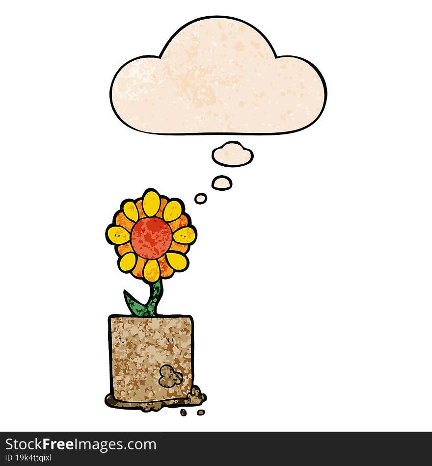 cartoon flower and thought bubble in grunge texture pattern style