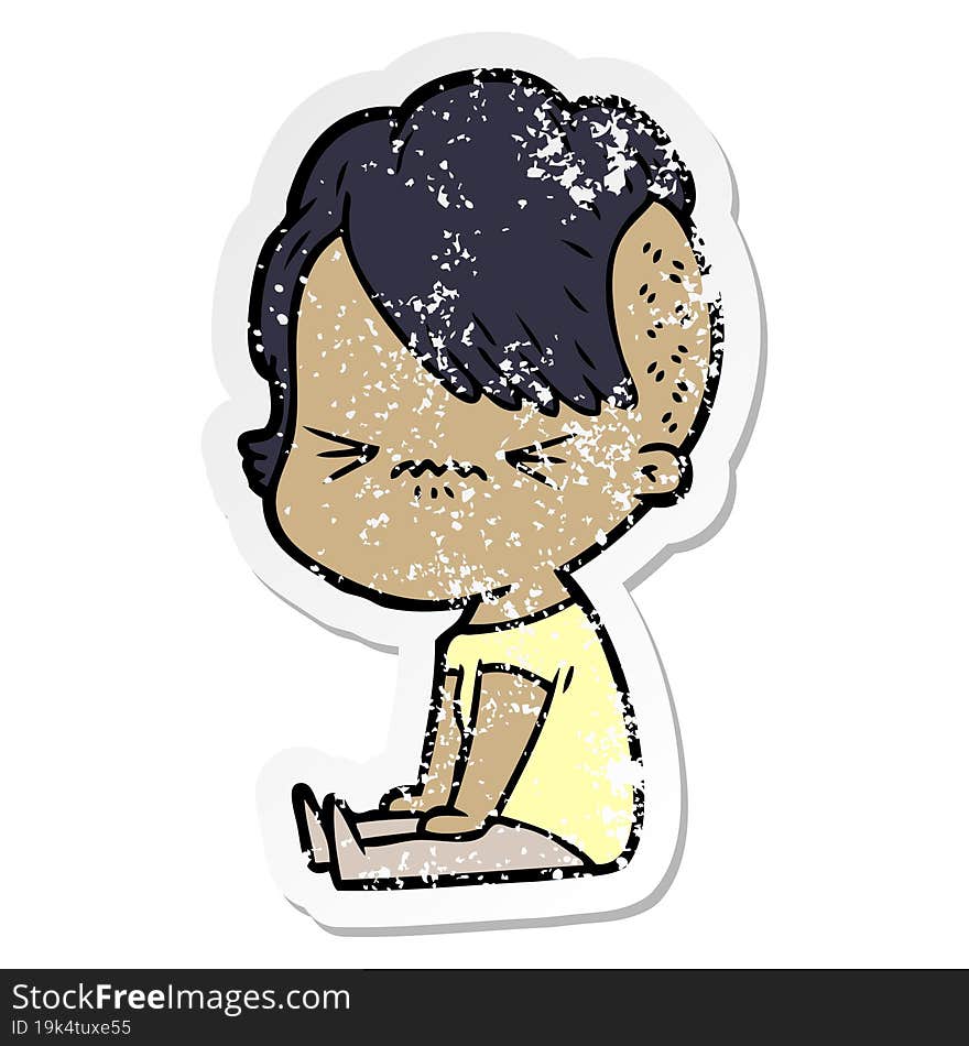 distressed sticker of a cartoon annoyed hipster girl