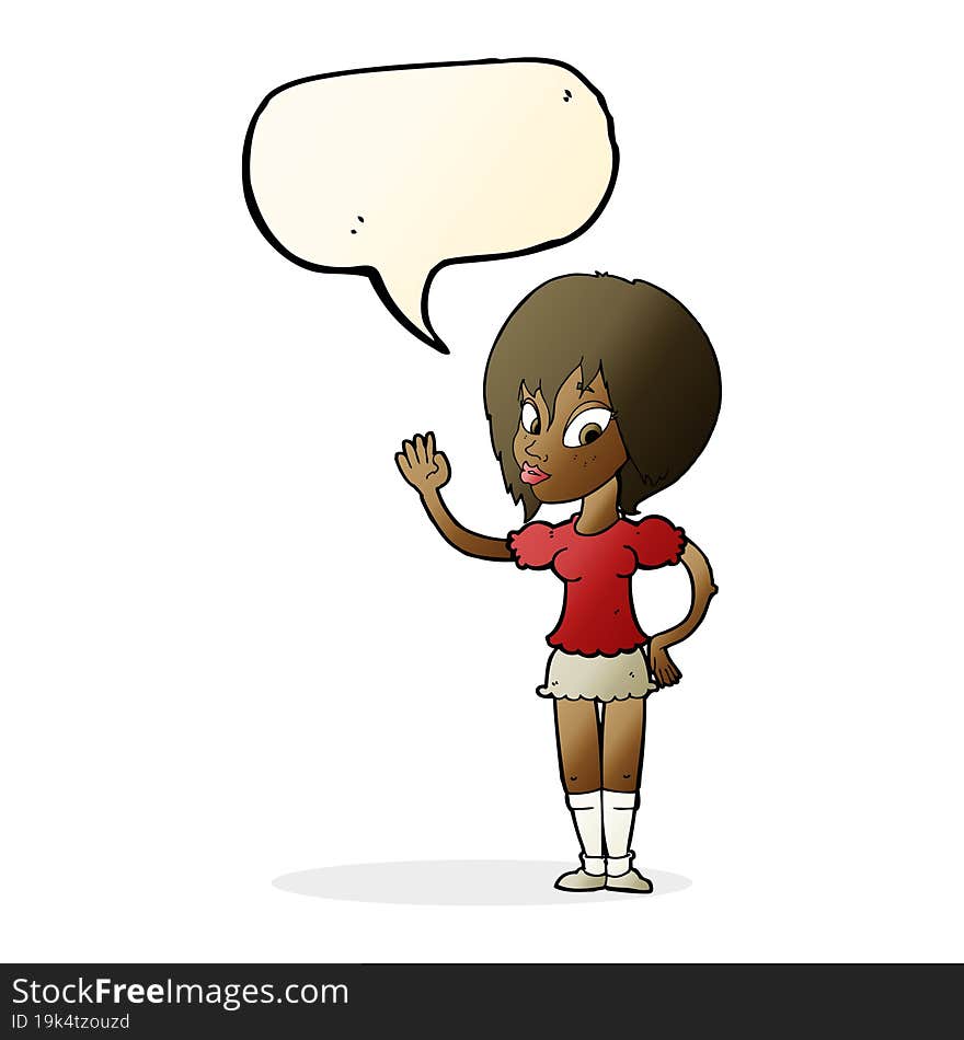 Cartoon Pretty Woman Waving With Speech Bubble