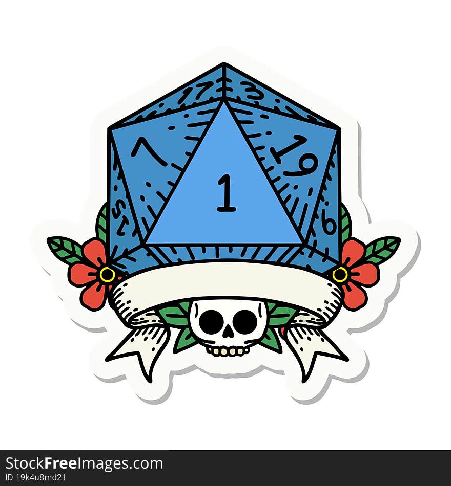 sticker of a natural one d20 dice roll. sticker of a natural one d20 dice roll