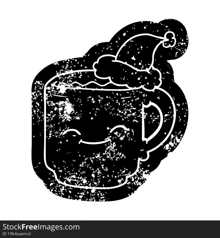 quirky cartoon distressed icon of a coffee mug wearing santa hat