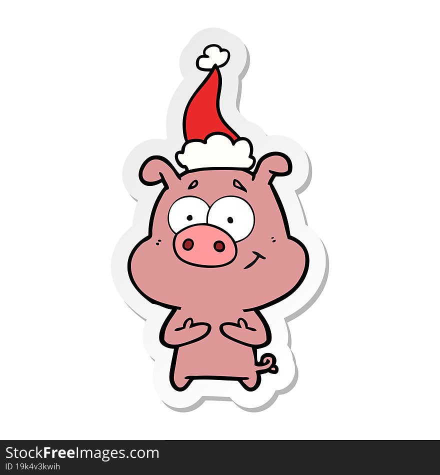 happy sticker cartoon of a pig wearing santa hat