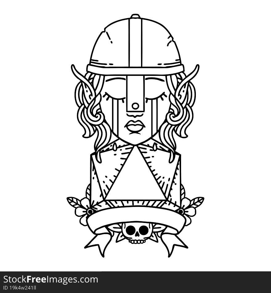 crying elf fighter character face with natural one D20 roll illustration