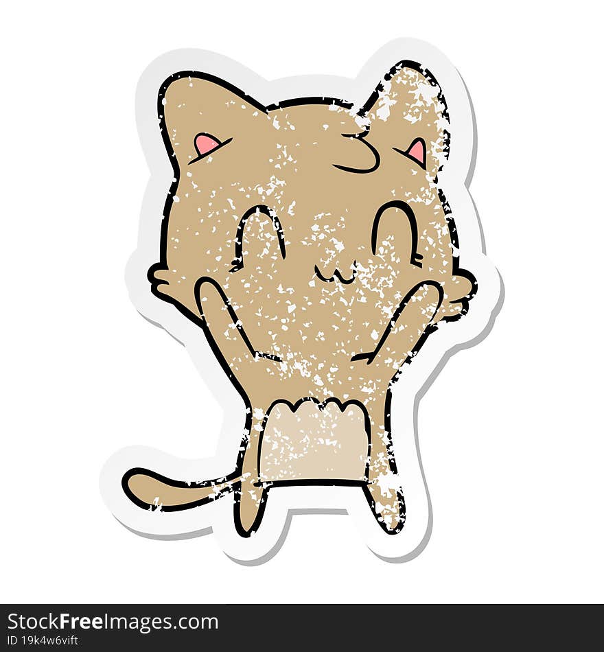 distressed sticker of a cartoon happy cat