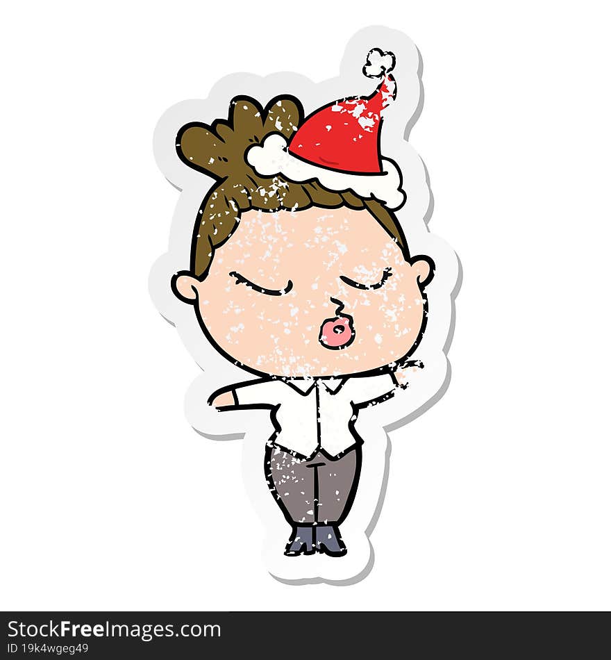 distressed sticker cartoon of a calm woman wearing santa hat