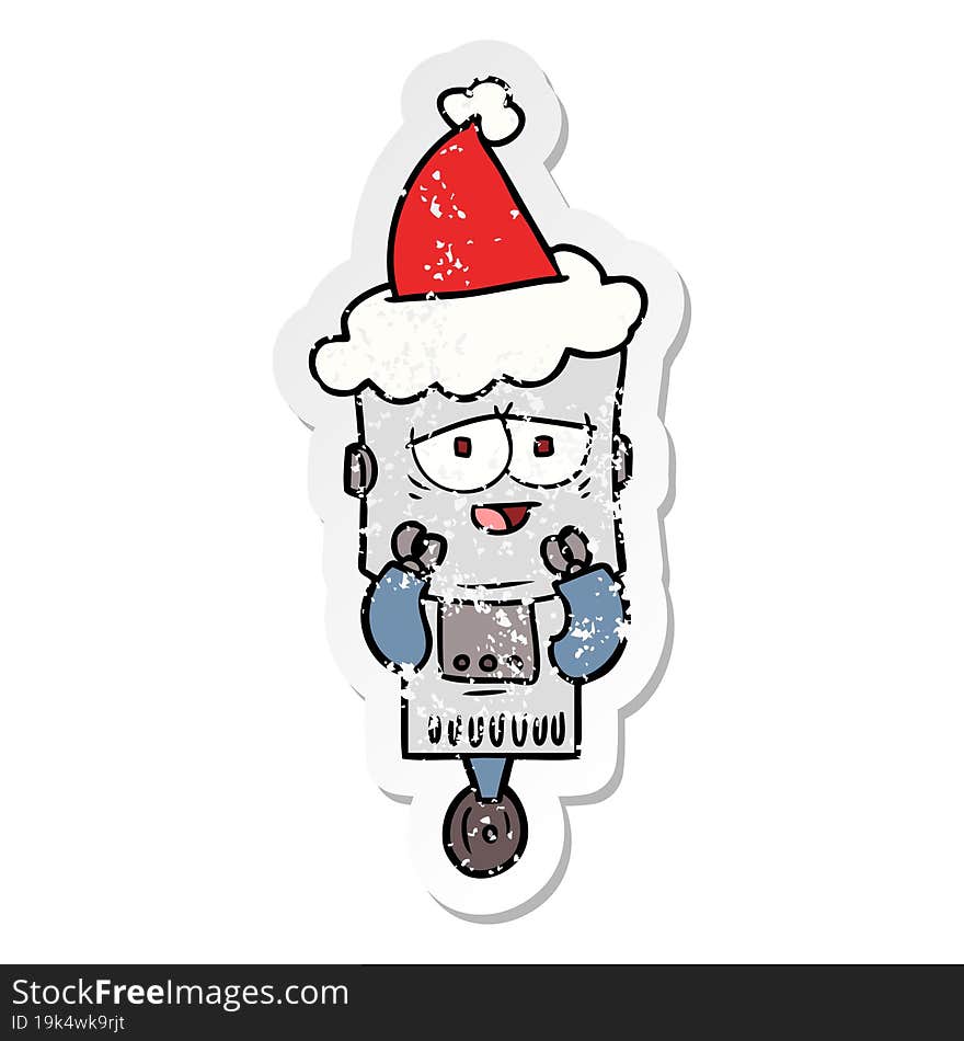 distressed sticker cartoon of a robot wearing santa hat