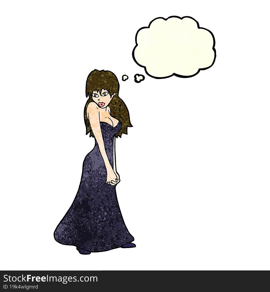 cartoon pretty woman in dress with thought bubble