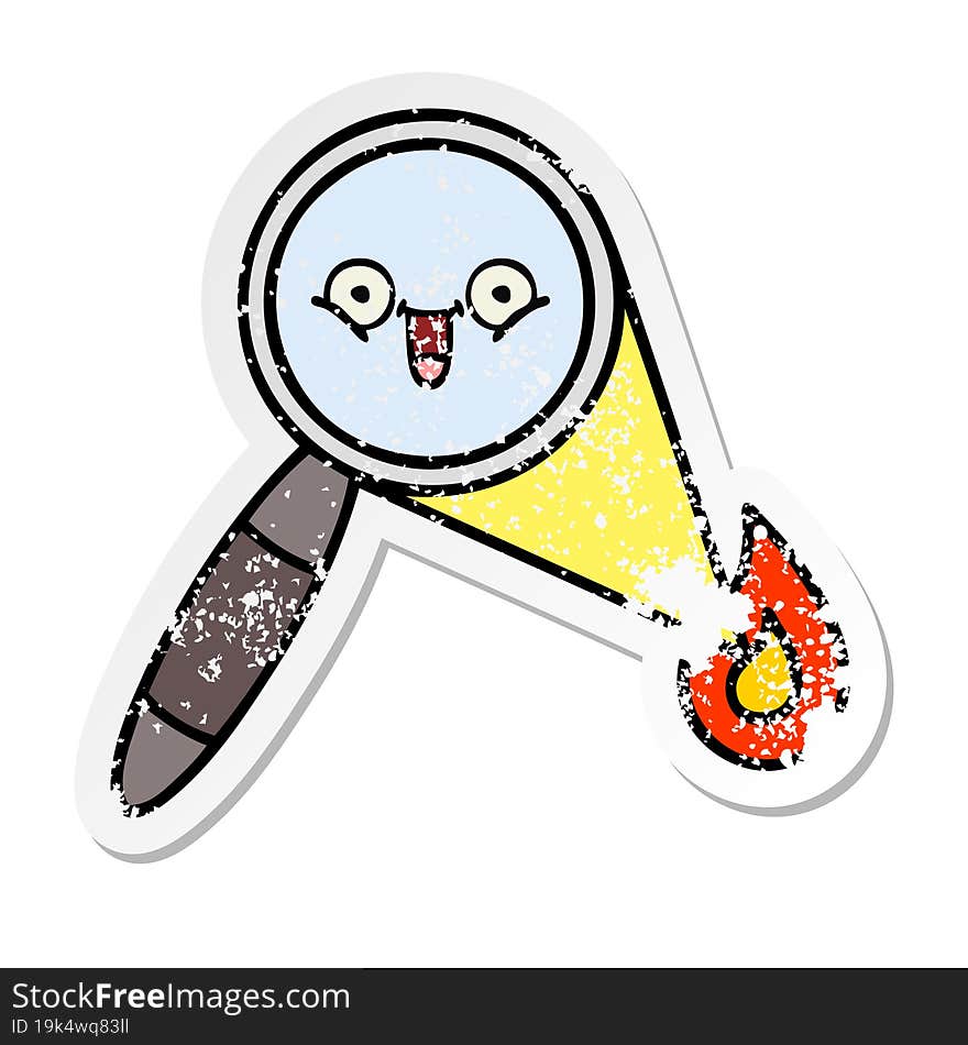 distressed sticker of a cute cartoon magnifying glass