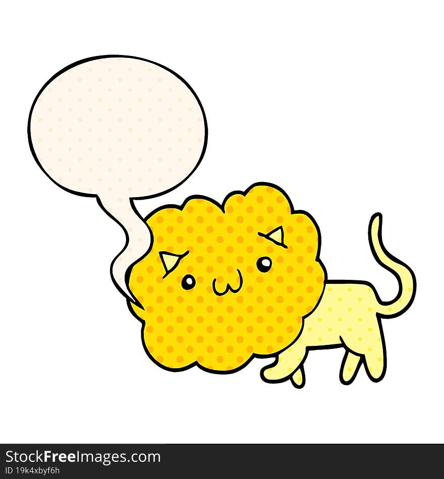 cute cartoon lion and speech bubble in comic book style