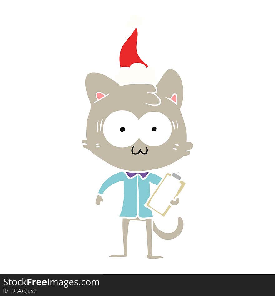 Flat Color Illustration Of A Surprised Office Worker Cat Wearing Santa Hat