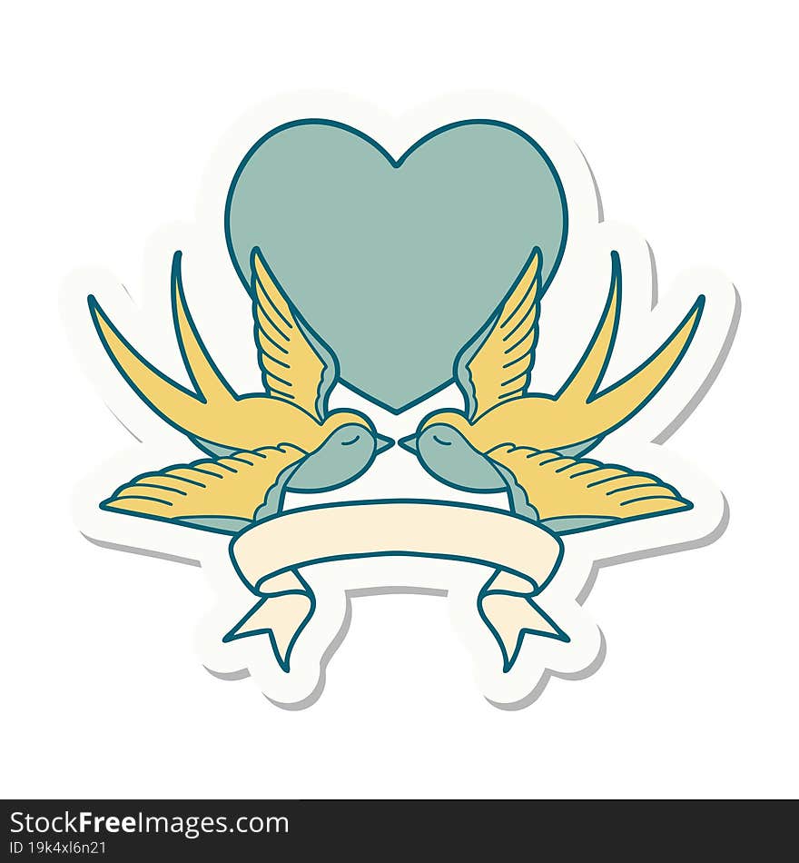 tattoo style sticker with banner of swallows and a heart