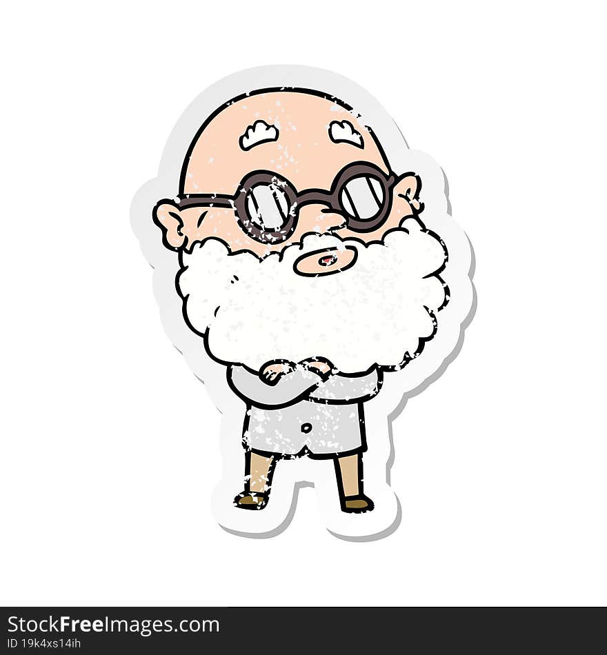 distressed sticker of a cartoon curious man with beard and glasses