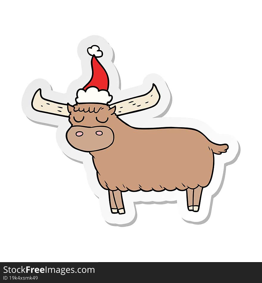 Sticker Cartoon Of A Bull Wearing Santa Hat