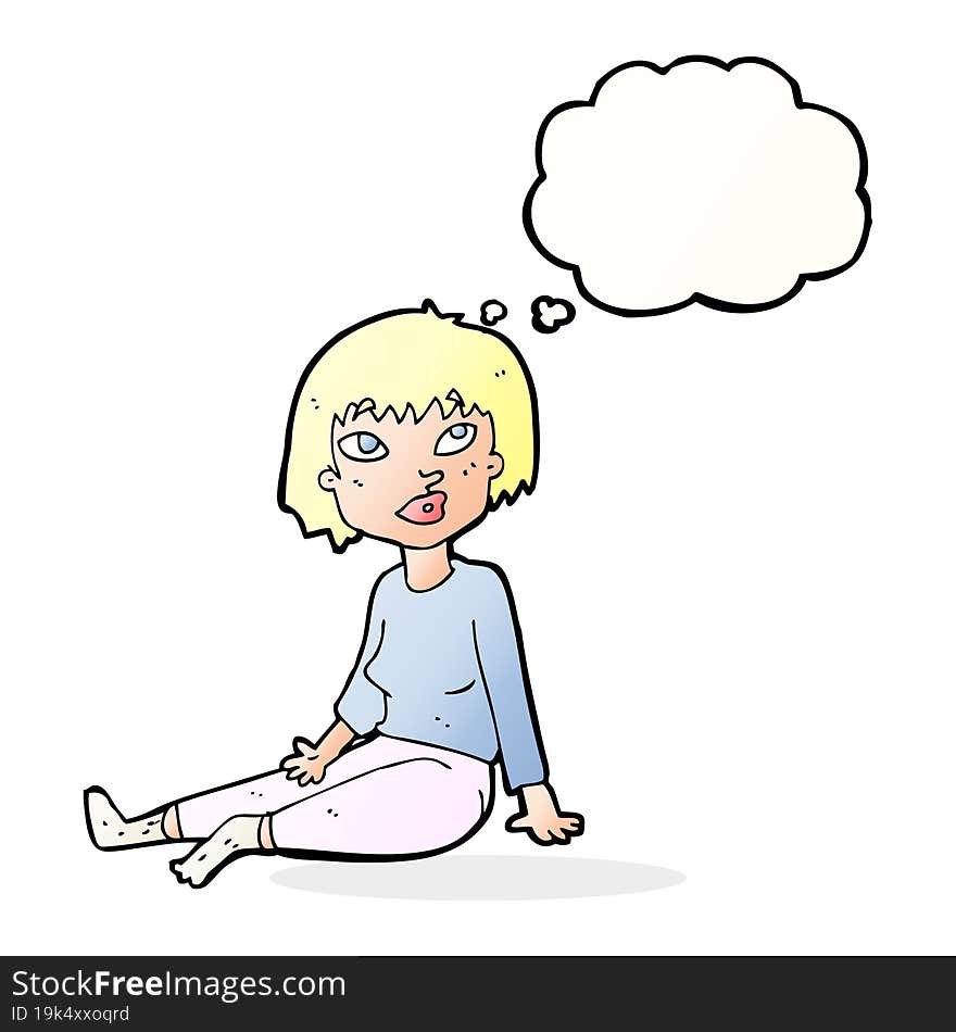 cartoon woman sitting on floor with thought bubble