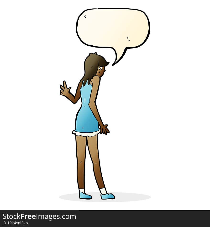 cartoon woman waving with speech bubble