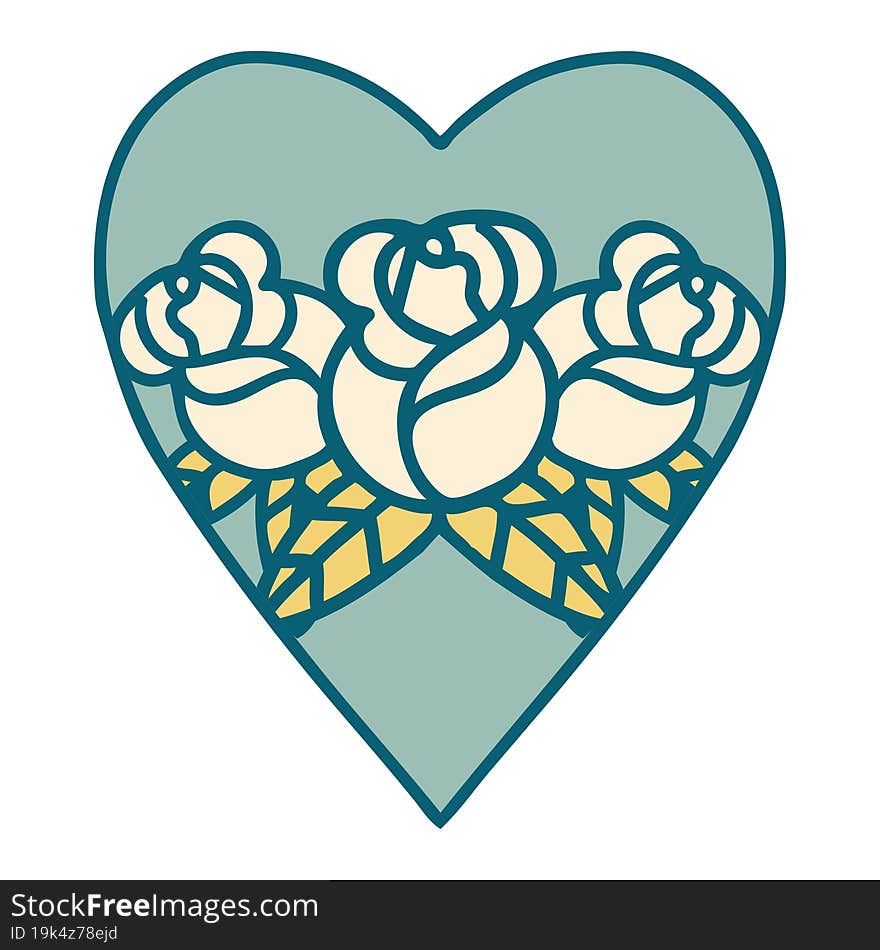 iconic tattoo style image of a heart and flowers. iconic tattoo style image of a heart and flowers