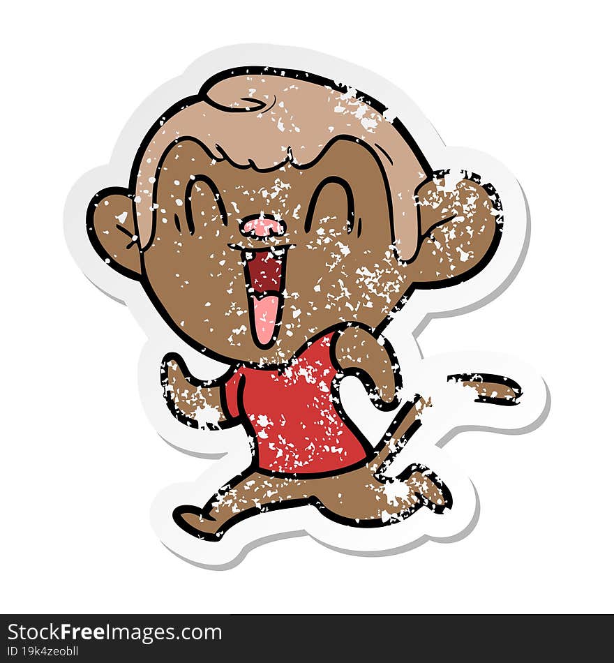 distressed sticker of a cartoon laughing monkey