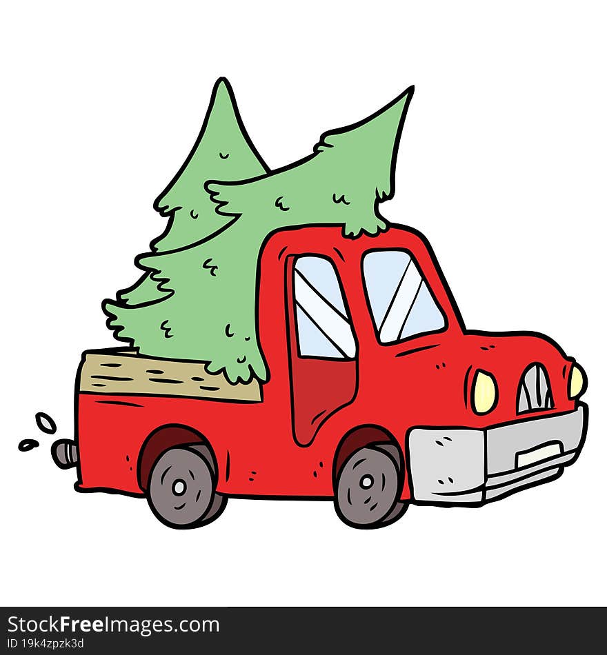 cartoon pickup truck carrying christmas trees. cartoon pickup truck carrying christmas trees