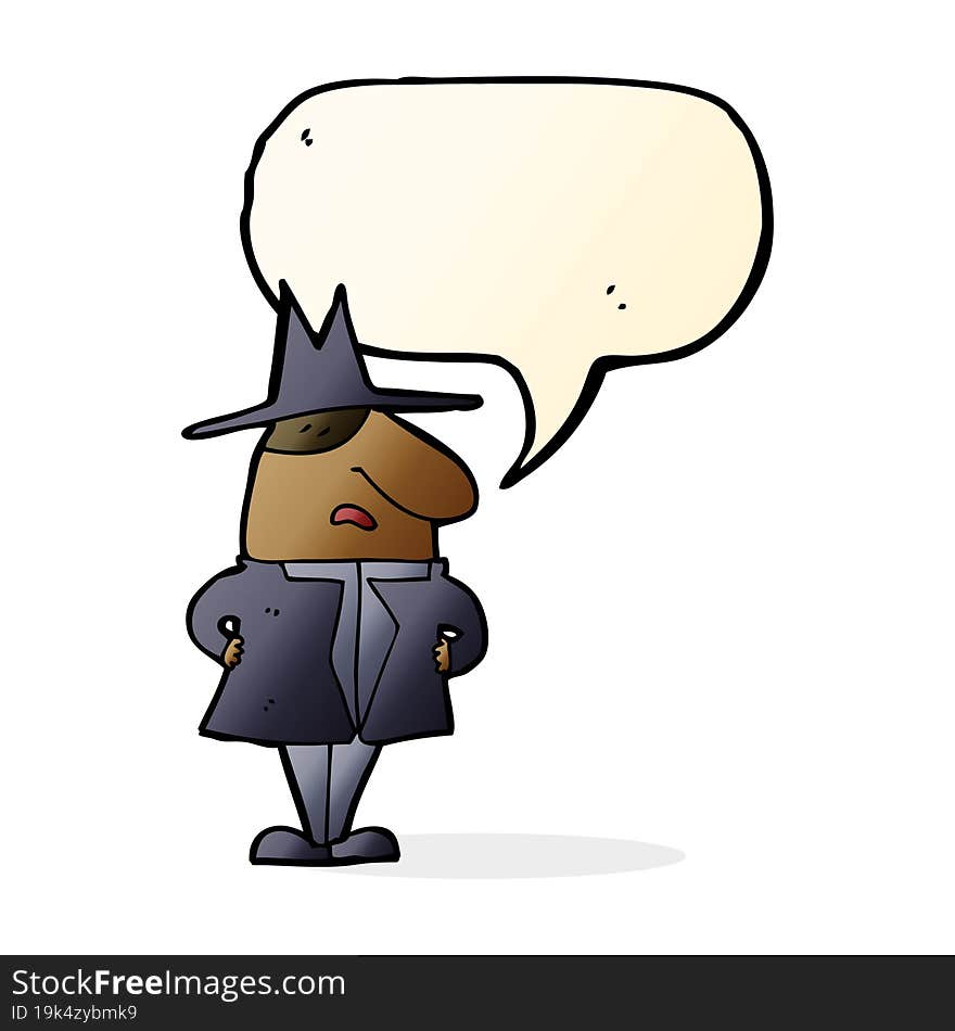 cartoon man in coat and hat with speech bubble