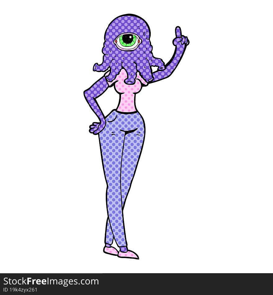 freehand drawn cartoon female alien with raised hand