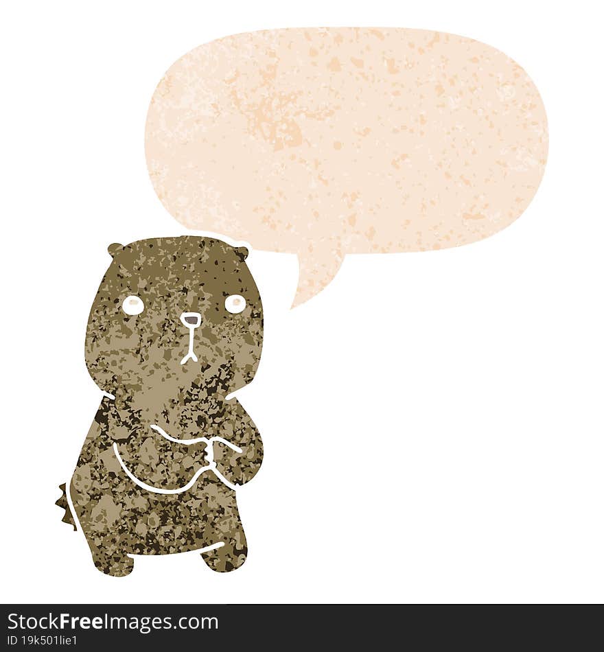 cartoon worried bear and speech bubble in retro textured style