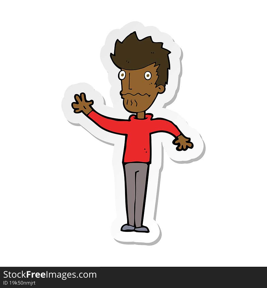 sticker of a cartoon worried man reaching out