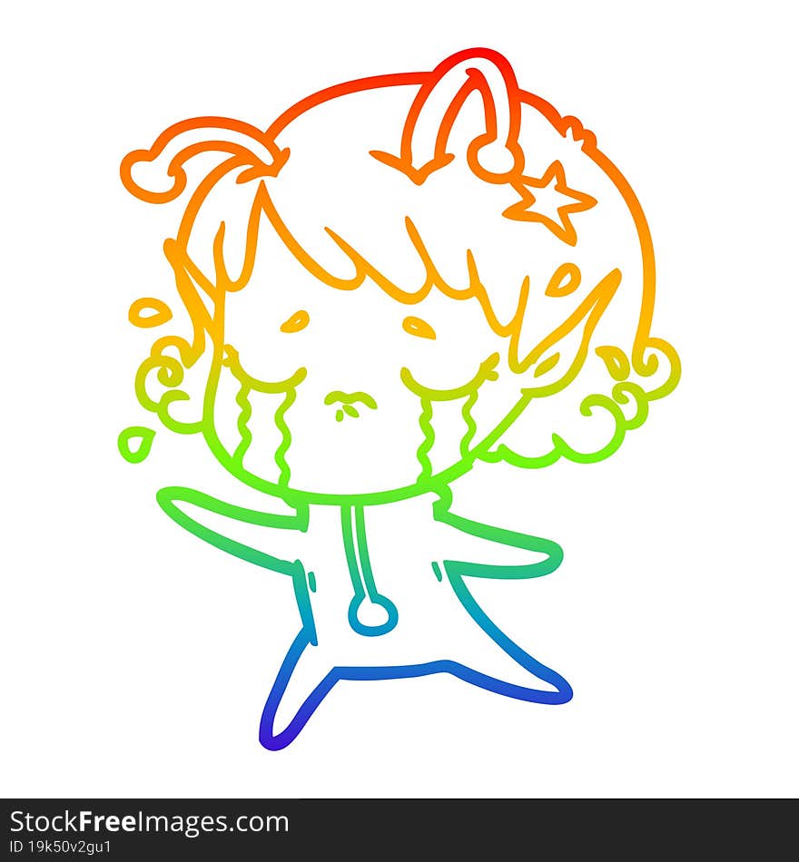 rainbow gradient line drawing cartoon crying alien girl