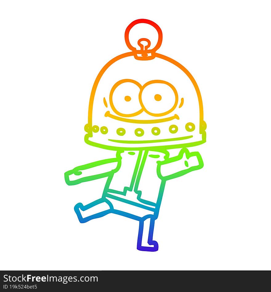 rainbow gradient line drawing happy carton robot with light bulb