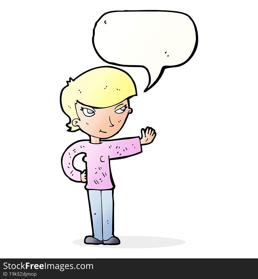 Cartoon Woman Waving With Speech Bubble