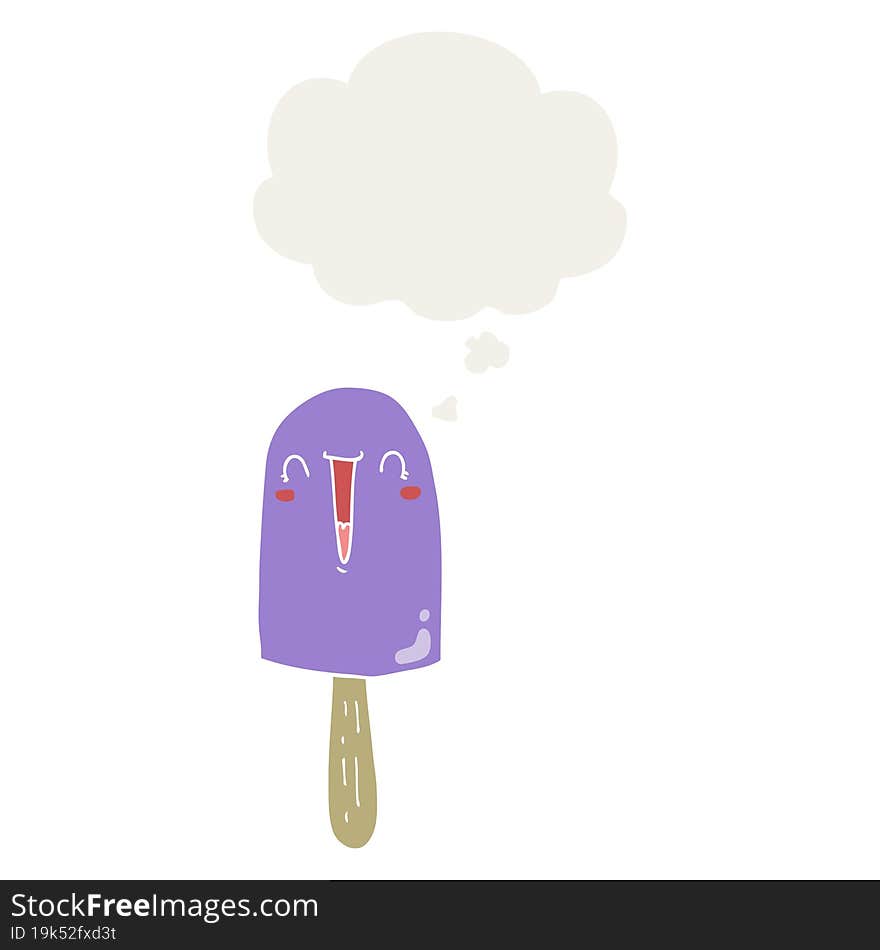 cartoon happy ice lolly and thought bubble in retro style