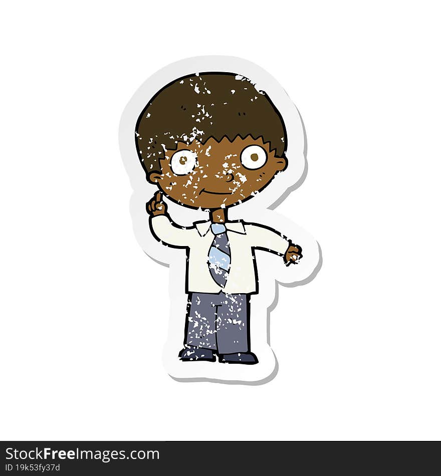 retro distressed sticker of a cartoon school boy with idea