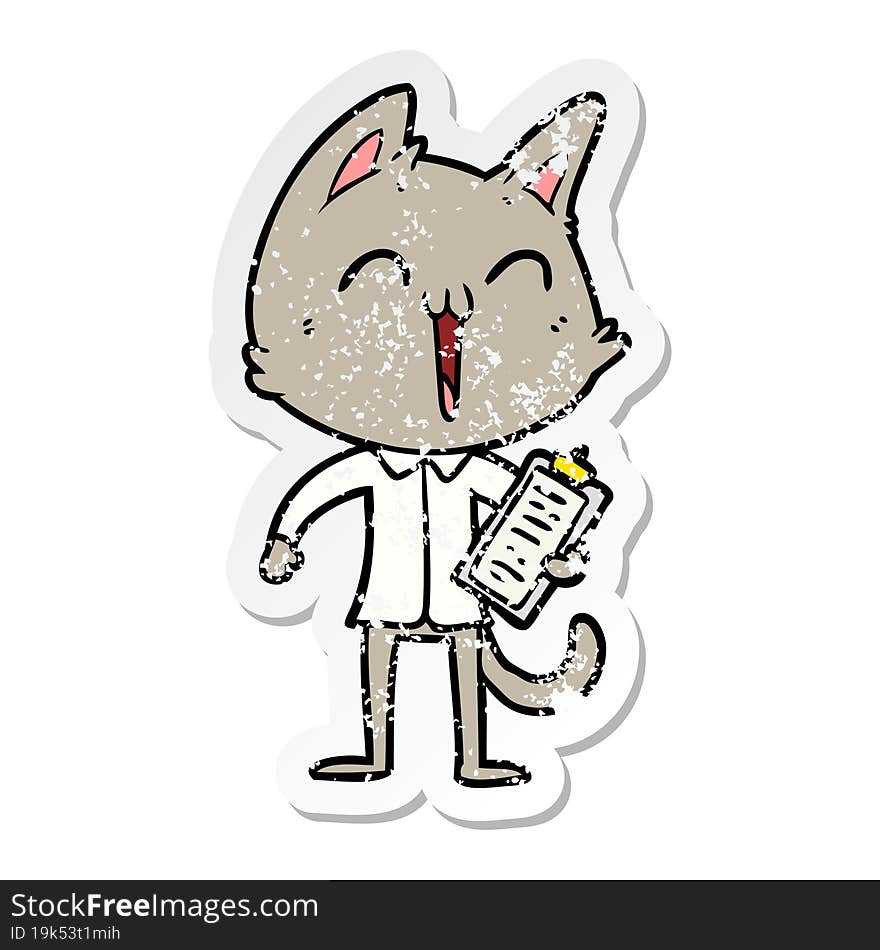 distressed sticker of a happy cartoon cat