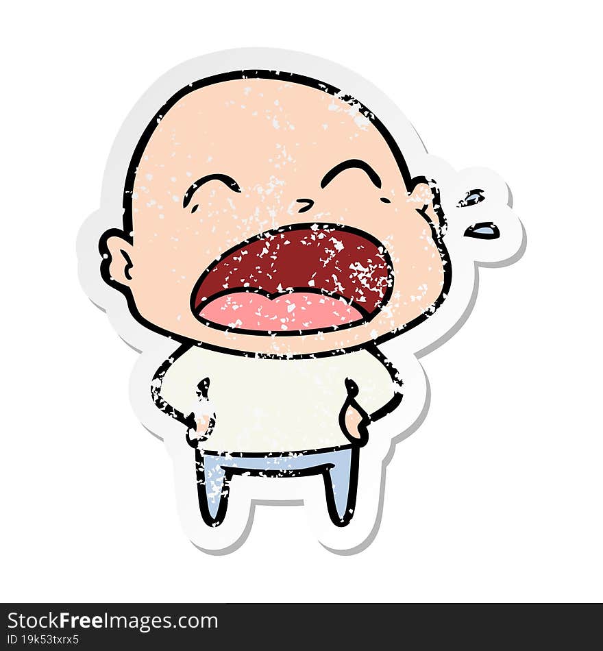 distressed sticker of a cartoon shouting bald man