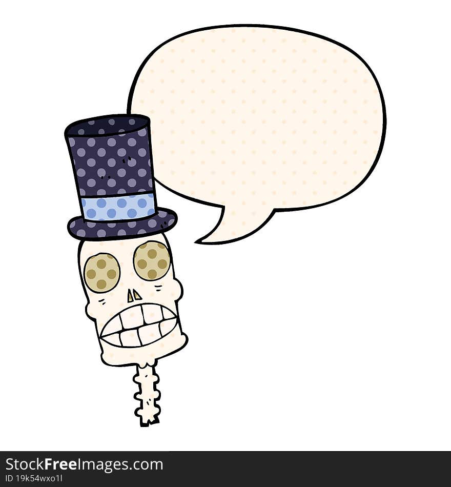 cartoon spooky skull and speech bubble in comic book style