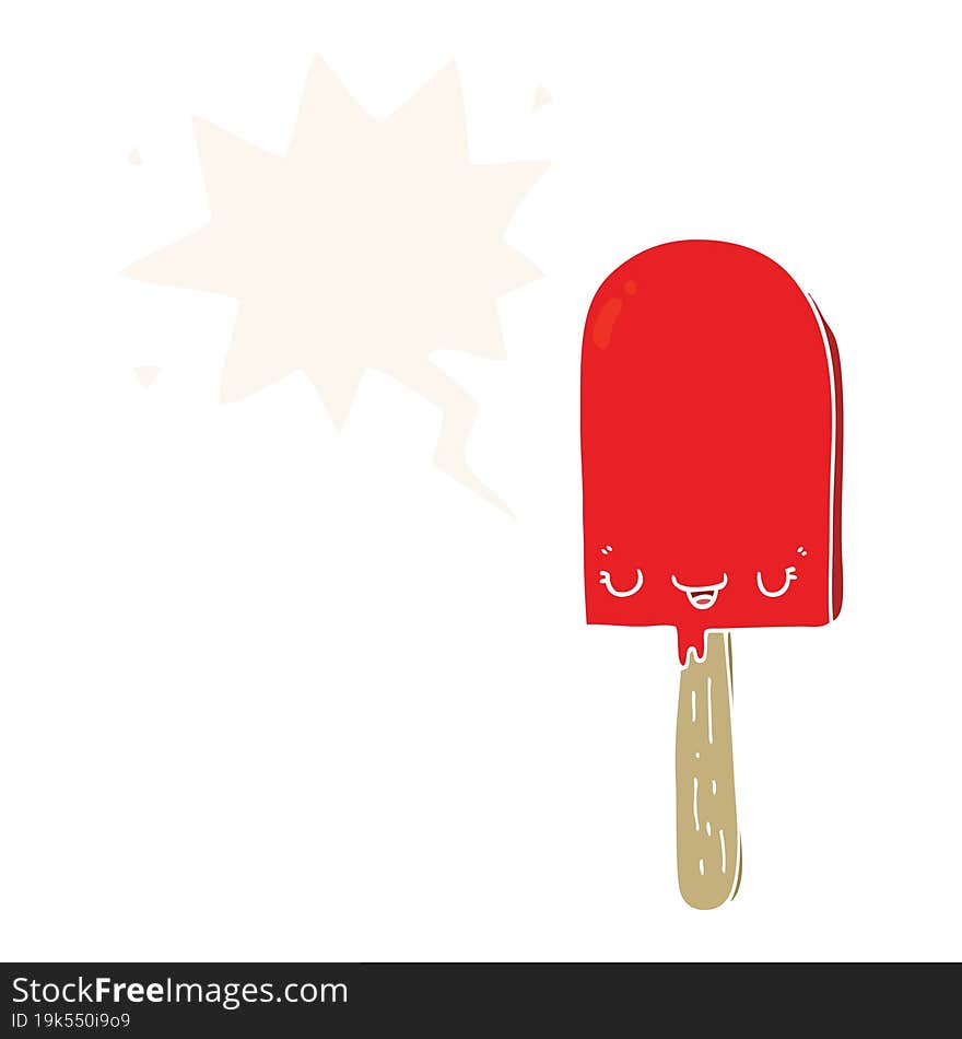 cartoon ice lolly with speech bubble in retro style