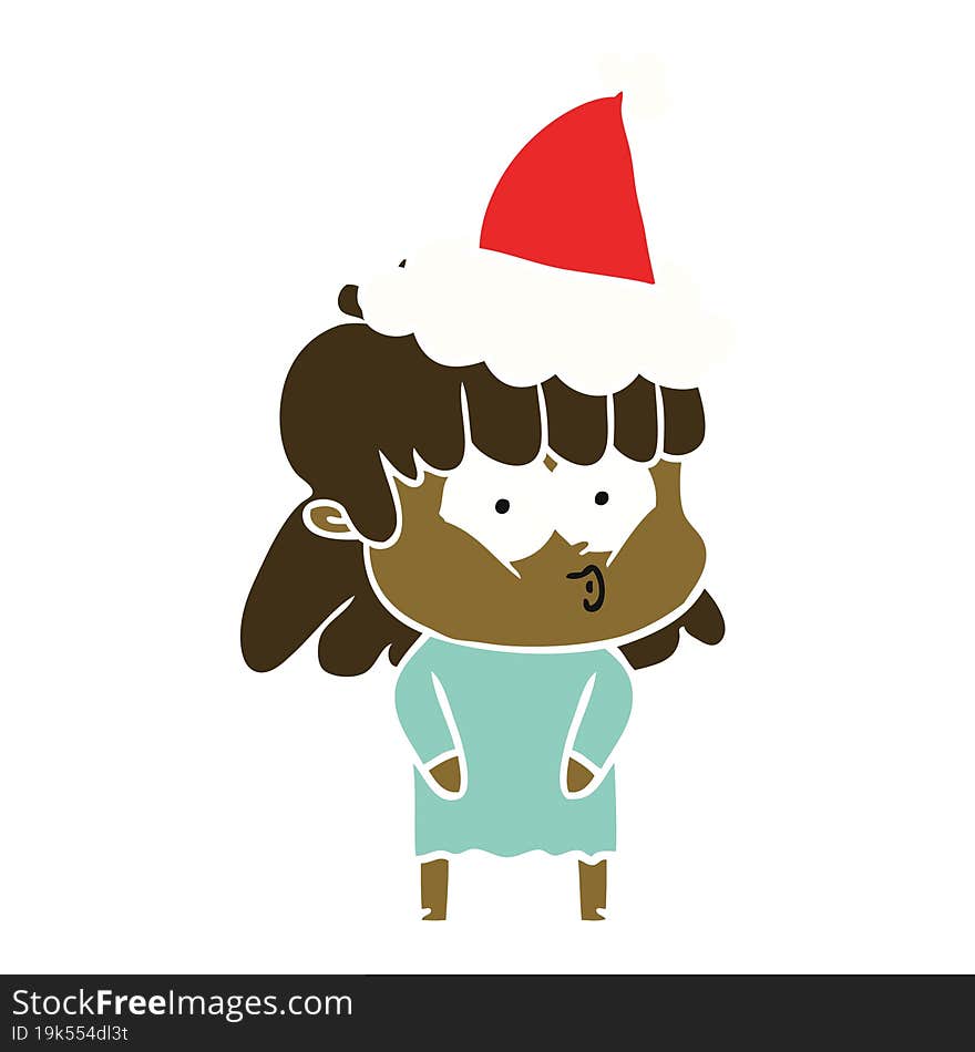 flat color illustration of a whistling girl wearing santa hat