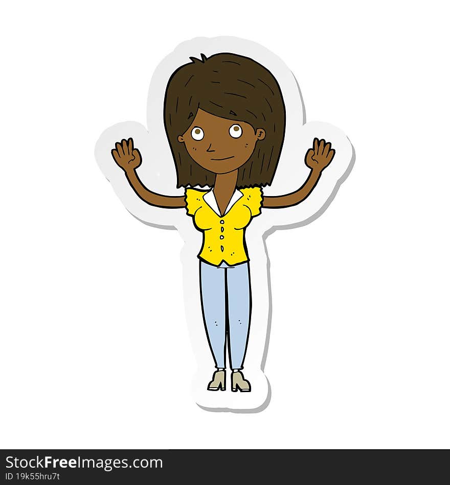 Sticker Of A Cartoon Woman Holding Up Hands