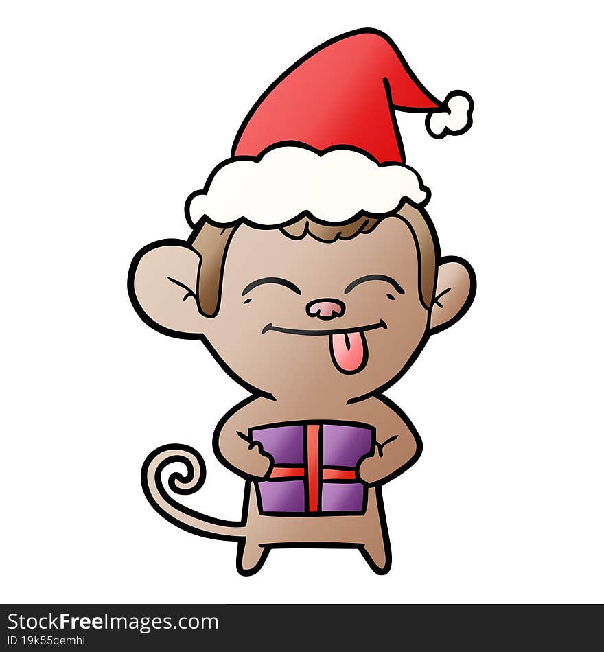 funny hand drawn gradient cartoon of a monkey with christmas present wearing santa hat