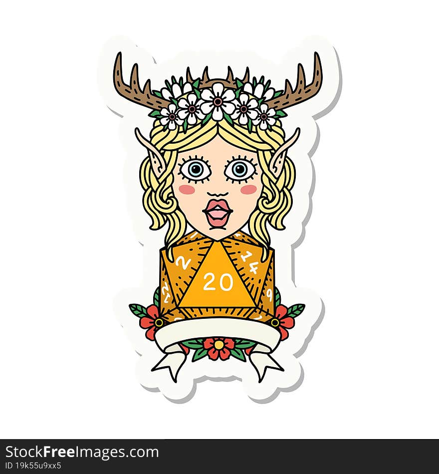 sticker of a elf druid character with natural 20 dice roll. sticker of a elf druid character with natural 20 dice roll