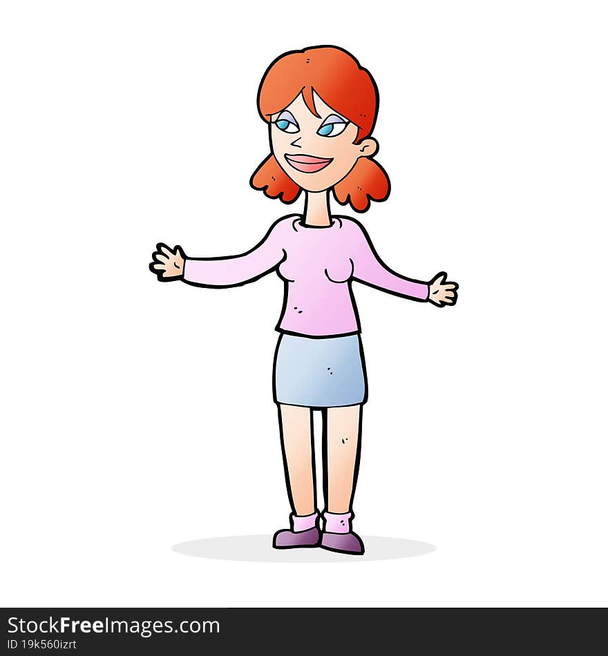 cartoon happy woman shrugging shoulders