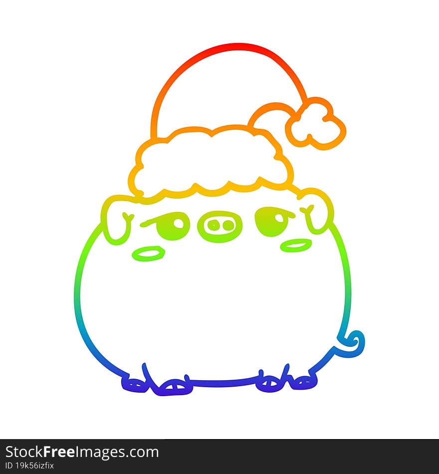 rainbow gradient line drawing cartoon pig wearing christmas hat