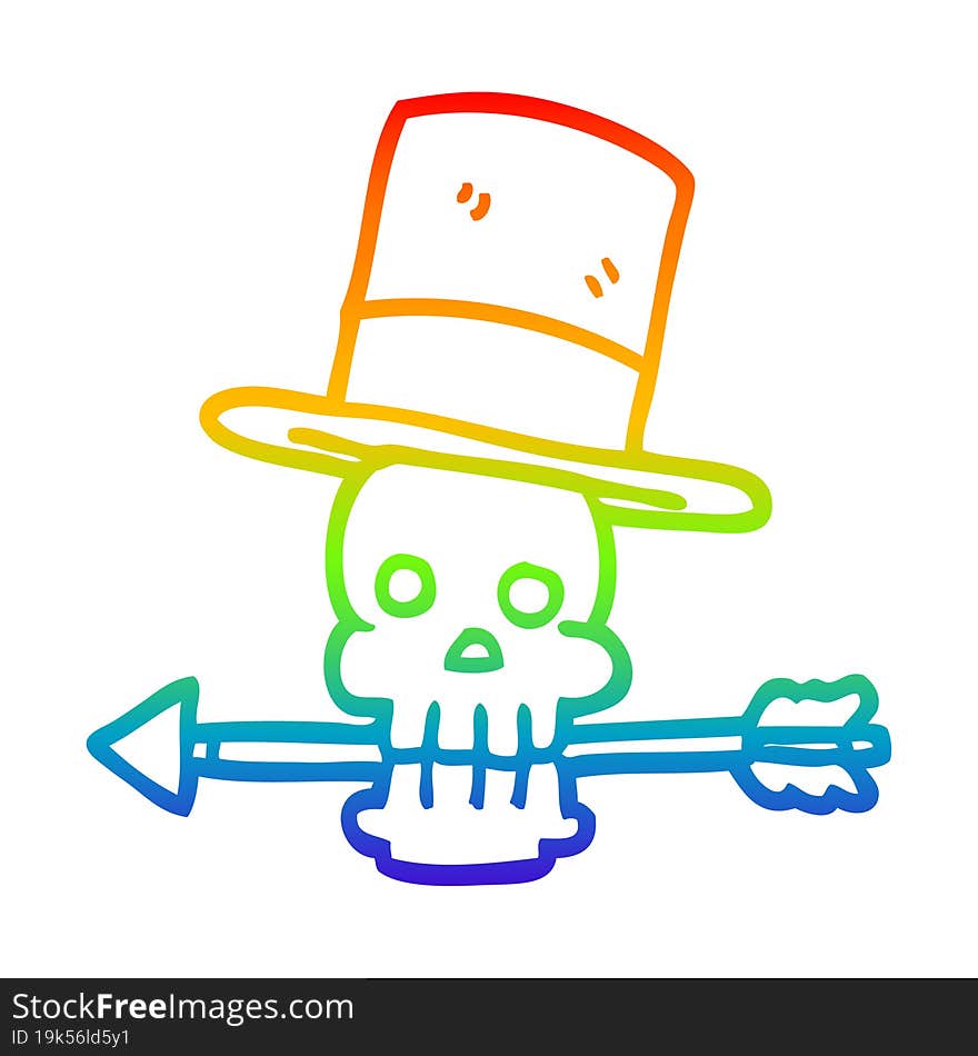 rainbow gradient line drawing cartoon skull and arrow