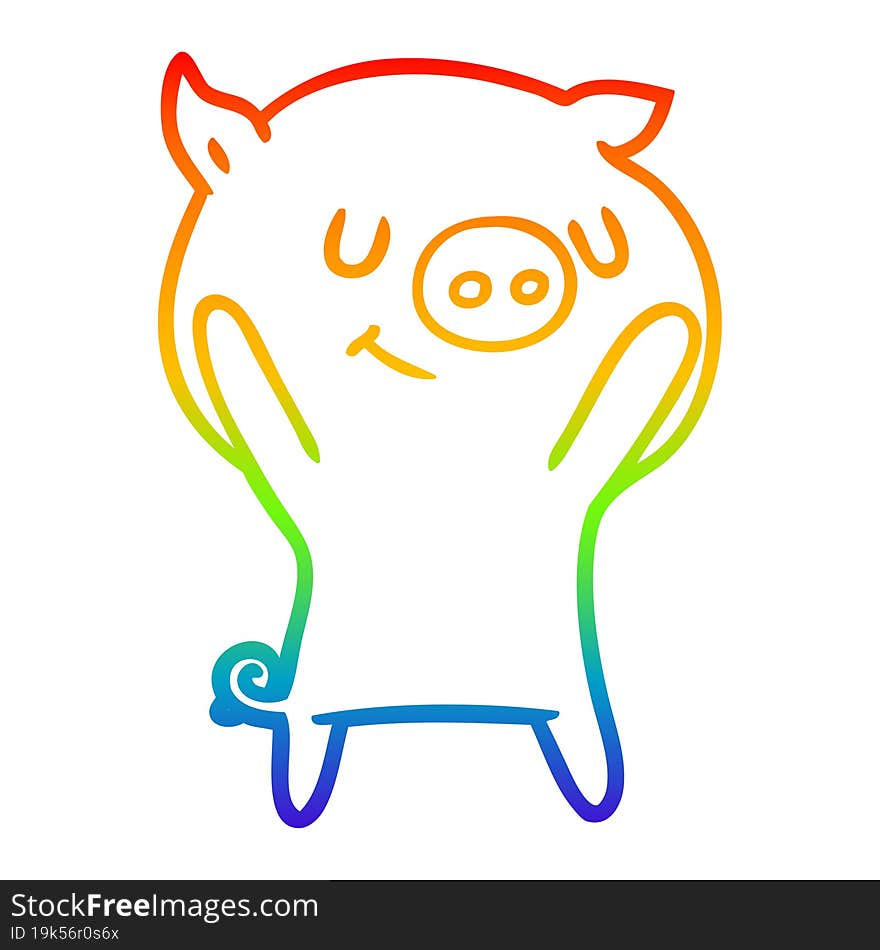 rainbow gradient line drawing of a happy cartoon pig