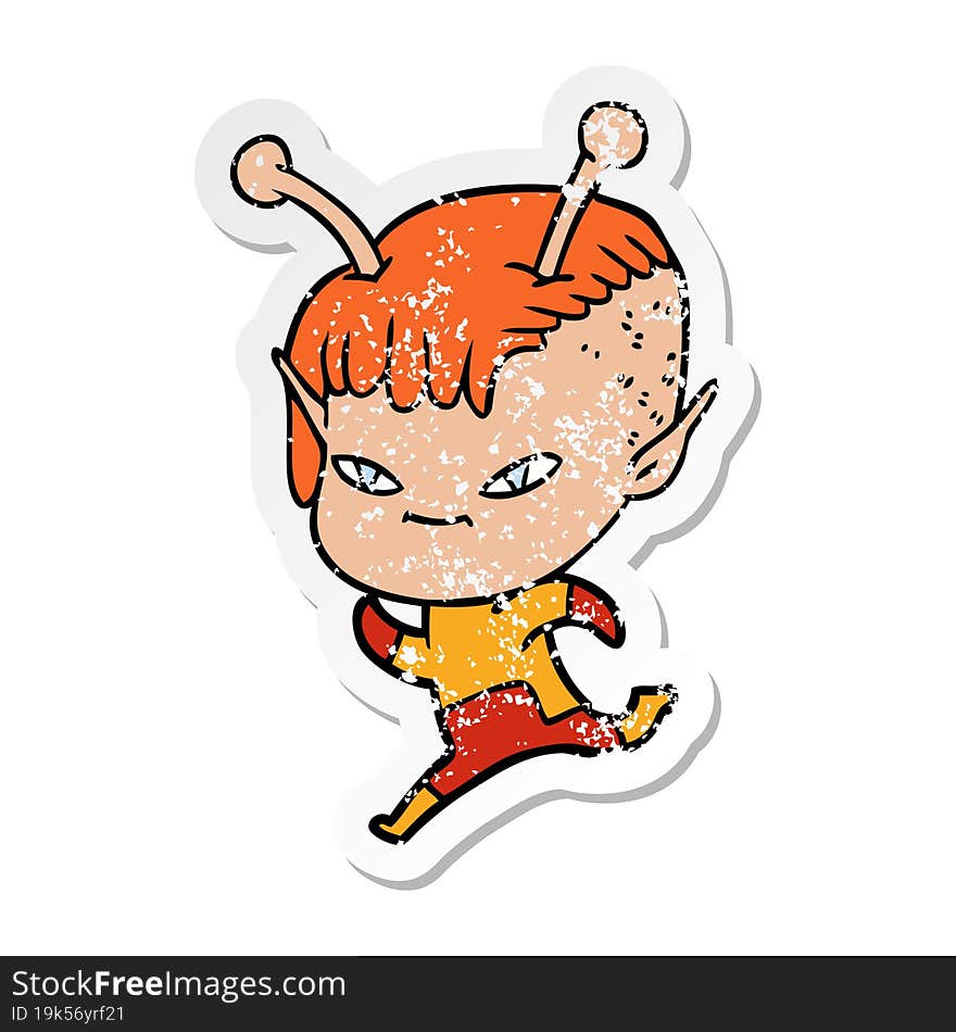 distressed sticker of a cute cartoon alien girl