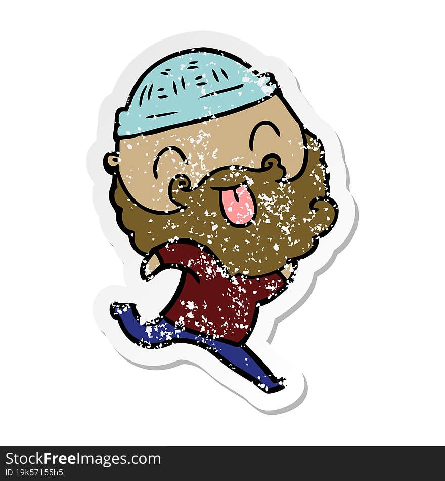 distressed sticker of a running man with beard sticking out tongue