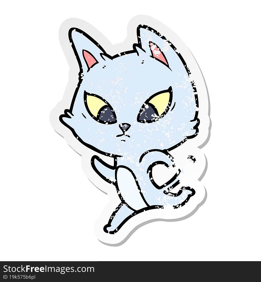 Distressed Sticker Of A Confused Cartoon Cat