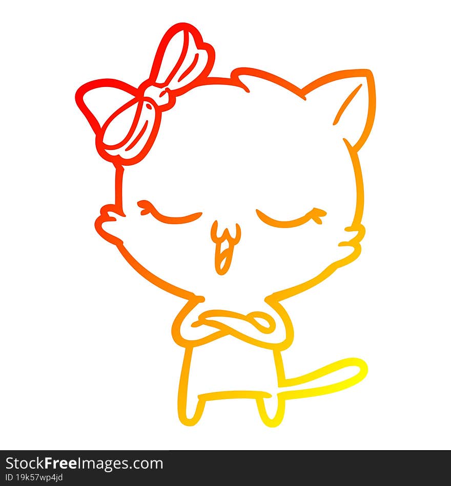 warm gradient line drawing cartoon cat with bow on head