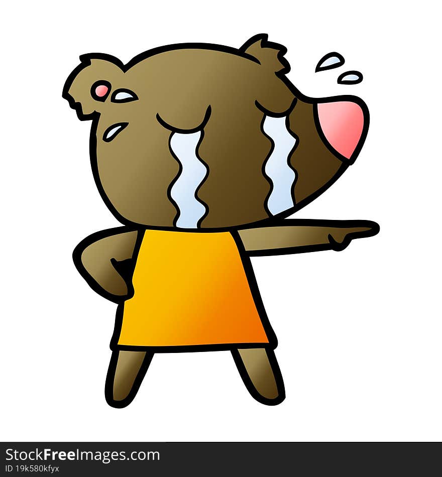 cartoon crying bear in dress pointing. cartoon crying bear in dress pointing