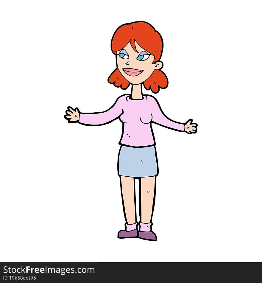 Cartoon Happy Woman Shruggin Shoulders