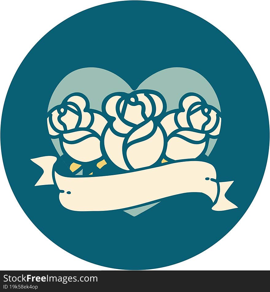 Tattoo Style Icon Of A Heart And Banner With Flowers